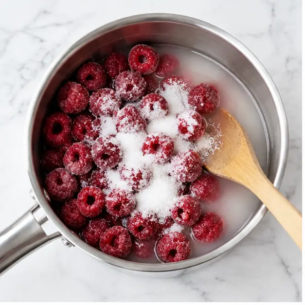 Step 1: Combine frozen raspberries, granulated sugar, and water in a small saucepan and stir until the sugar dissolves