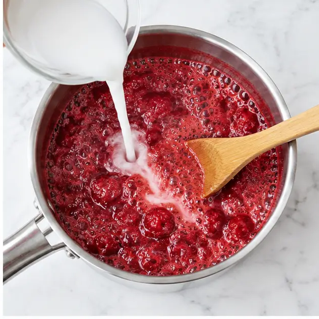 Step 2: Pour the cornstarch slurry into the boiling raspberry mixture and simmer until slightly thickened