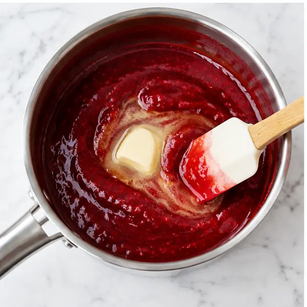 Step 3: Stir vanilla extract and salted butter into the compote off the heat until glossy