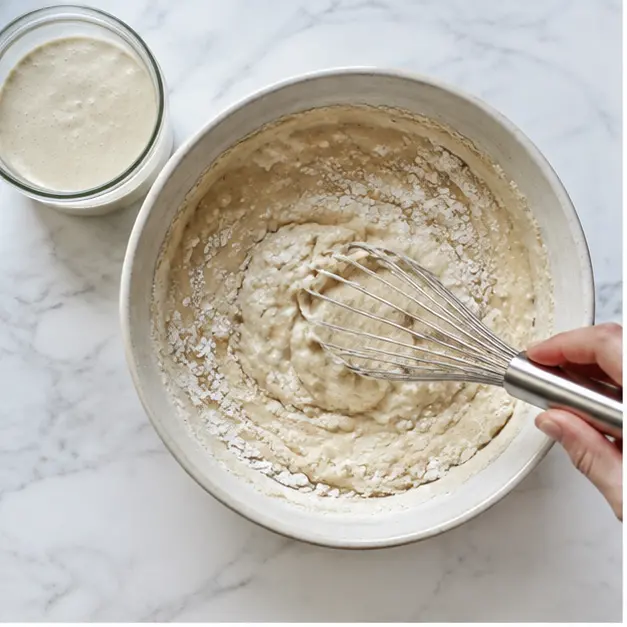 Step 1: Whisking the base pancake batter with sourdough discard until no dry patches remain