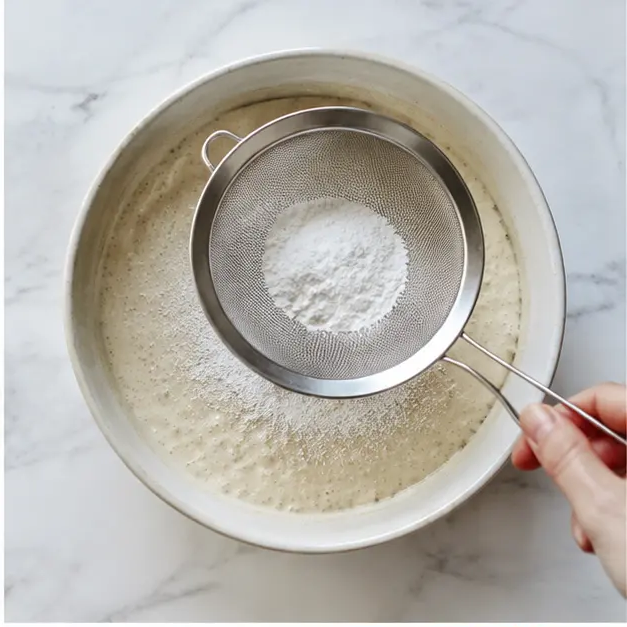 Step 2: Sifting baking powder and baking soda over the chilled batter until tiny bubbles appear
