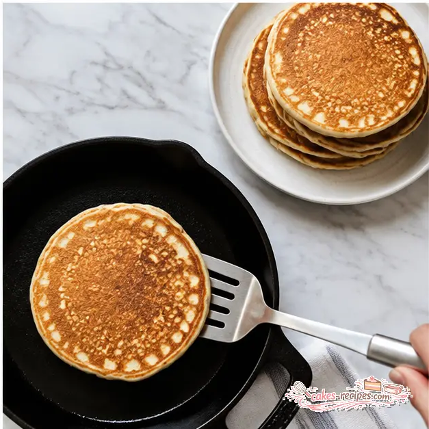 Step 4: Flipping golden pancakes with crisp lacy edges and stacking them on a plate