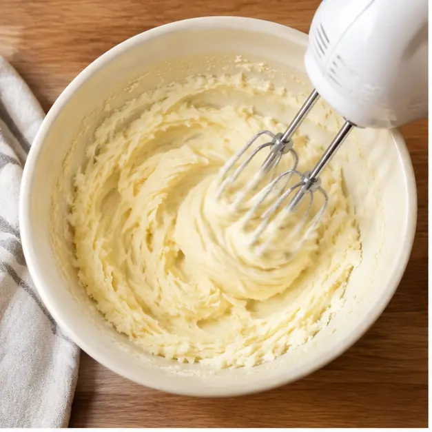 Step 1: Beat softened unsalted butter with powdered sugar until pale, glossy and airy