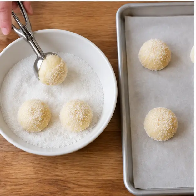 Step 3: Scoop round dough balls straight into granulated sugar and coat them completely